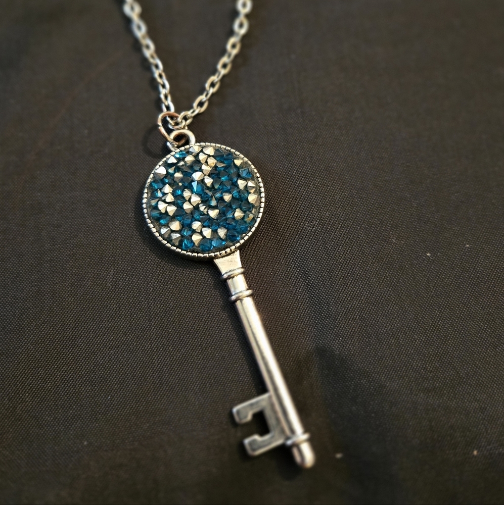 LONG Silver Key Pendant Necklace with Blue Accents, Sparkles
